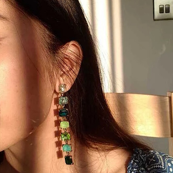 Antique Gold Emerald Cut Crystal Opal Sapphire Aquamarine Tassel Drop Earrings - Picture 5 of 12